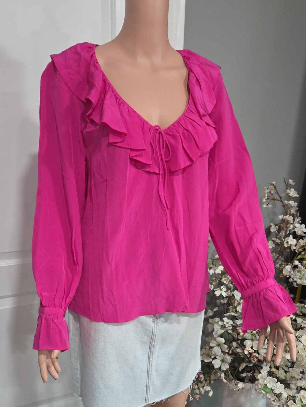 J. Crew Fuchsia Ruffle Tie-Neck Blouse